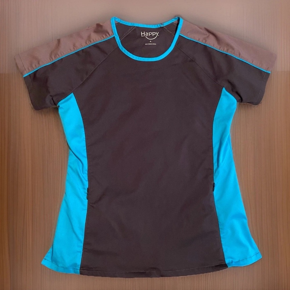 Happy Scrub Top Women’s Gray Black Blue Zip Side Pockets Size Medium Round Neck